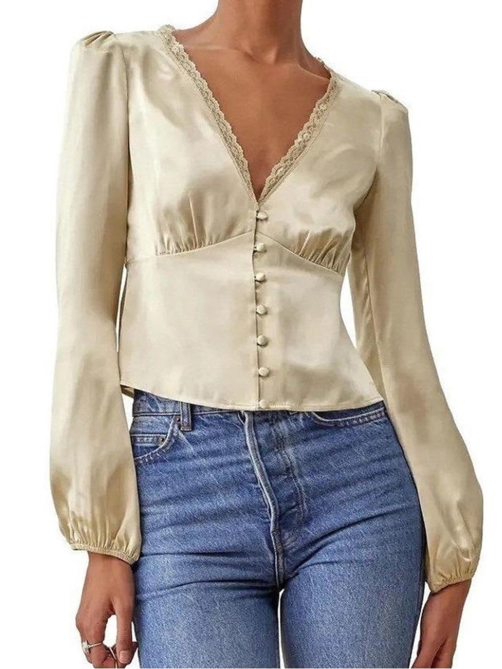 Reformation Cream Satin Lace-Trim V-Neck Blouse